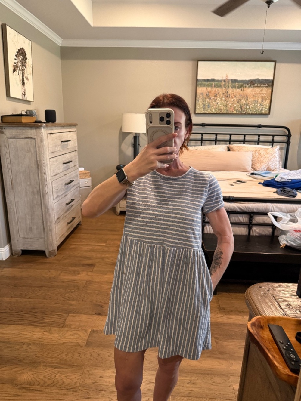 LOFT Cotton Blue White Striped Babydoll Dress Short Sleeve Coastal Nautical
